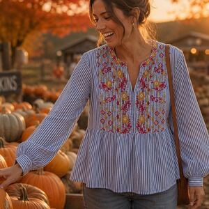 Crown & Ivy Womens Blue White Striped Floral Embroidered Peplum Blouse Large